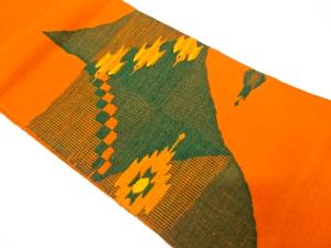 手織り真綿紬　鳥に抽象模様織り出し　名古屋帯